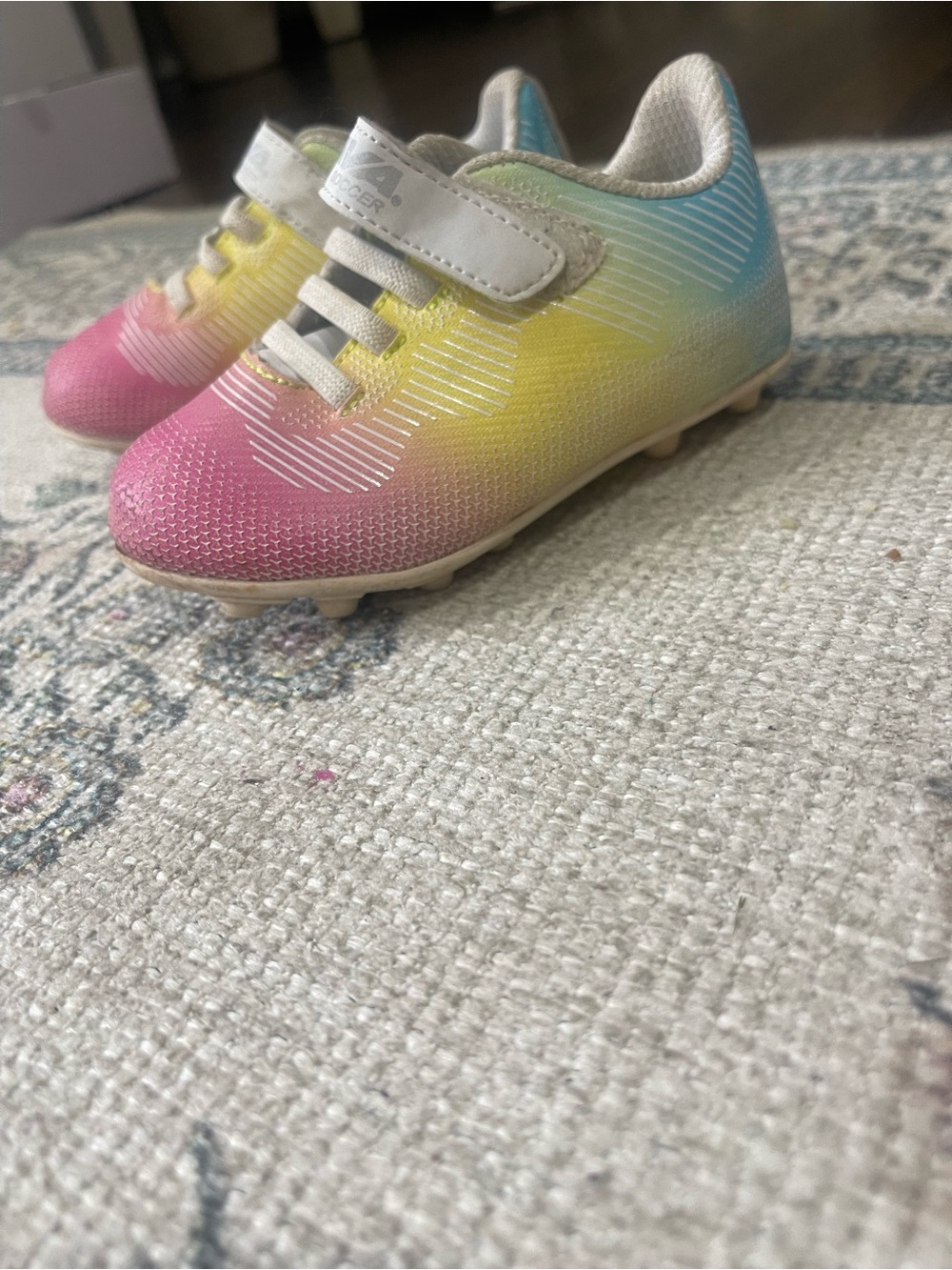 Kids Gradient Pink Yellow Blue Soccer Cleats with Hook-and-Loop Strap